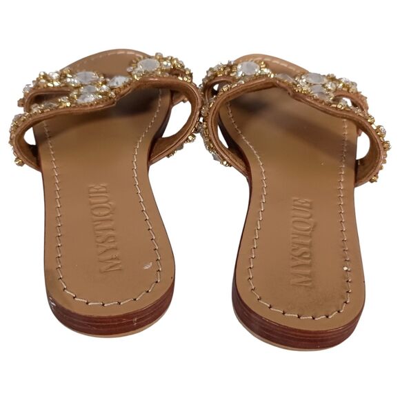 Mystique Sandals 6 Womens Brown Leather Flat Comfort Slip On Casual Jeweled - Picture 6 of 9